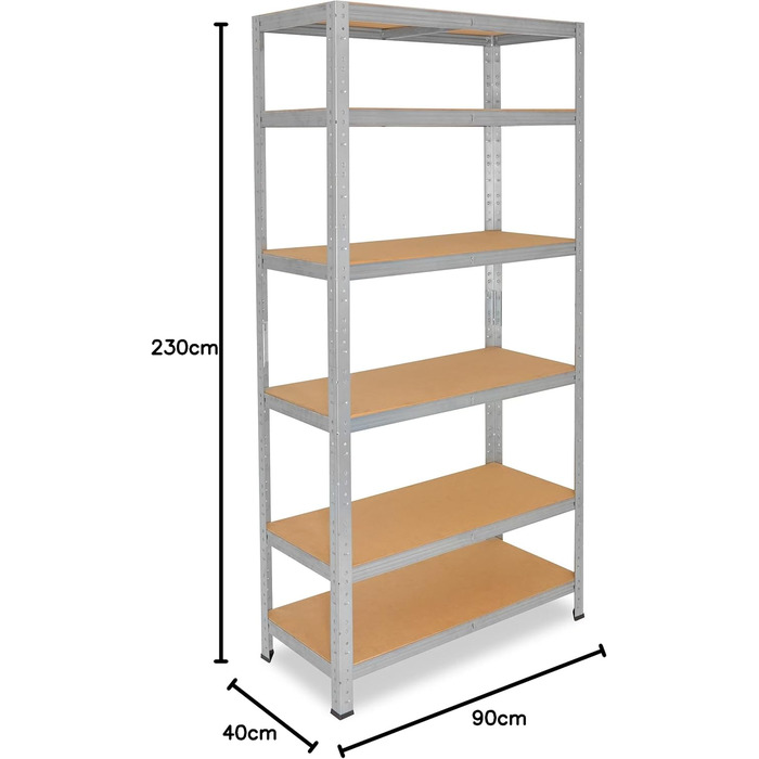 Міцний домашній стелаж, оцинкований/металевий стелаж з 6 полицями/металевий стелаж для підвалу, гаражний стелаж, стелаж для майстерні або стелаж для зберігання/змішаний металевий стелаж з вантажопідйомністю 145 кг В 230 см / Ш 90 см / Г 40 см, 230x90x40