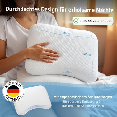 Подушка для шиї Third of Life Liora, ергономічна подушка з піни з ефектом пам&39яті, подушка для сну на боці 48x37x10,5 см із захистом від алергії, подушка для підтримки шиї з вигином плеча, біла