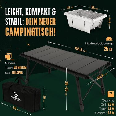 Стіл для кемпінгу та вугільний гриль 2-в-1 Компактний розкладний стіл з грилем Стіл IGT з регульованою висотою для 2-3 осіб Складаний та портативний Можна використовувати як рибальський стіл Ідеально підходить для використання на свіжому повітрі або пікні