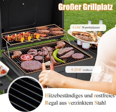 Мангал GOPLUS з кришкою, візок для барбекю на 2 колесах з 2 відкидними боковими столиками, 8 гачками, термометром і відкривачкою д