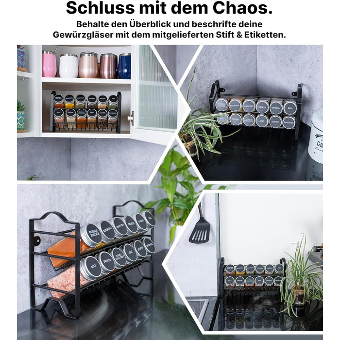 Підставка для спецій Deco haus, настінна та настінна З БАНКАМИ ДЛЯ СПЕЦІЙ ТА ЕТИКЕТКАМИ - Органайзер для спецій - Підставка для спецій, Підвісна система зберігання спецій, Банки для спецій з полицею, Чорний - Набір з 12 предметів