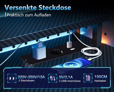 Ігровий стіл Coleshome з шухлядами, 15150 см, ігровий стіл зі світлодіодним освітленням та розеткою, комп&39ютерний стіл з полицями та підставкою для монітора, чорний колір з вуглецевого волокна