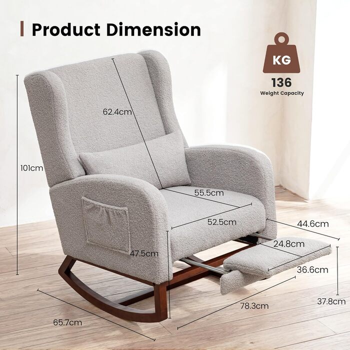 Крісло-гойдалка з підставкою для ніг, крісло-гойдалка, м&39яке крісло для годування з дерев&39яними ніжками та боковими кишенями, крісло для годування з високою спинкою для вітальні, спальні, дитячої кімнати (оксамитовий світло-сірий)