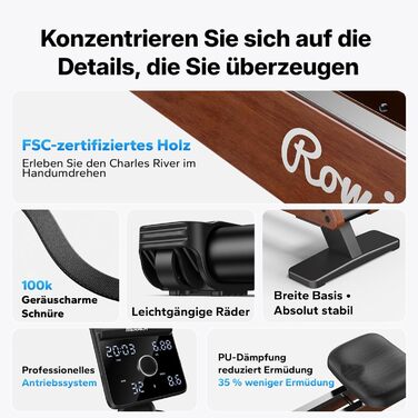 Домашній гребний тренажер MERACH, самогенеруючий, покращений магнітний піковий опір 60 кг, автоматичне регулювання опору, подвійні дерев&39яні рейки, світлодіодний дисплей, професійний (R21)