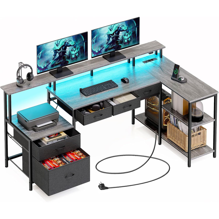 Г-подібний стіл Rolanstar з шухлядами, двосторонній ігровий стіл з розеткою, світлодіодним освітленням та підставкою для монітора, комп&39ютерний стіл 163 см для офісу, кабінету, спальні, сірий