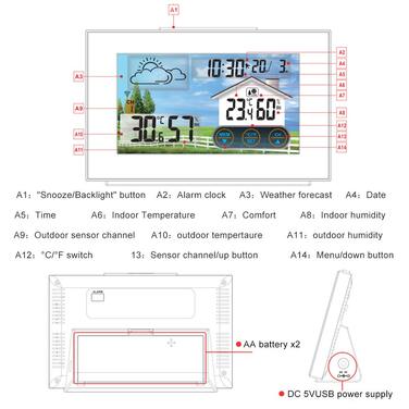 Метеостанція з зовнішнім датчиком, цифровим кольоровим дисплеєм Багатофункціональна метеостанція термометр-гігрометр для приміщень і вулиці, прогноз погоди, дата будильник