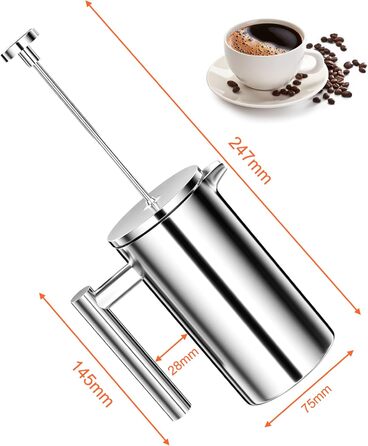 Кавоварка для френч-пресу Uootach 350 мл, високоякісні кавоварки з нержавіючої сталі, кавоварка френч-прес з потрійним фільтром з нержавіючої сталі, для дому, подорожей, кемпінгу (срібло)