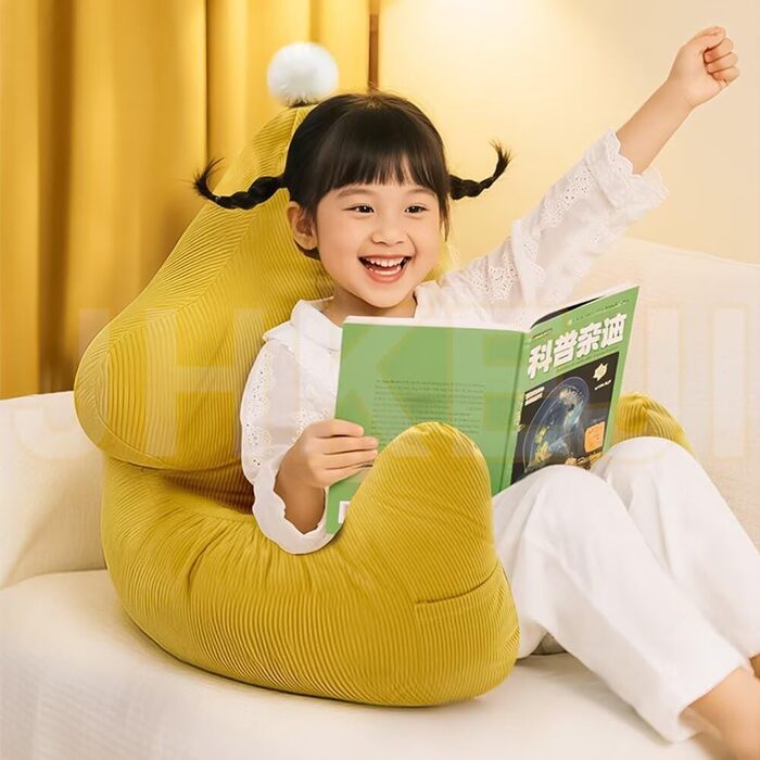Дитяча подушка для читання на ліжко та диван, жовта вельветова спинна подушка з підлокітниками та кишенями, переносна подушка для ліжка, подушка для підтримки спини зі знімним чохлом, який можна прати, 53x38x58 см, жовтий.