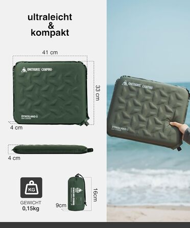 Самонадувальна подушка для сидіння 41 x 33 x 4 см, Складана подушка для сидіння на вулиці, Надлегка подушка для кемпінгу 150 г, Надувна подушка для походів, пікніків, Зелений рейнджер