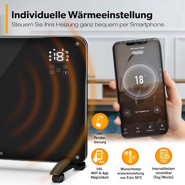 Конвекторний обігрівач TRESKO зі скляним додатком 2000 Вт, WiFi Електричний обігрівач з пультом дистанційного керування Конвекторний радіатор із сенсорним РК-дисплеєм Електричний радіатор, окремостоячий або настінний, чорний