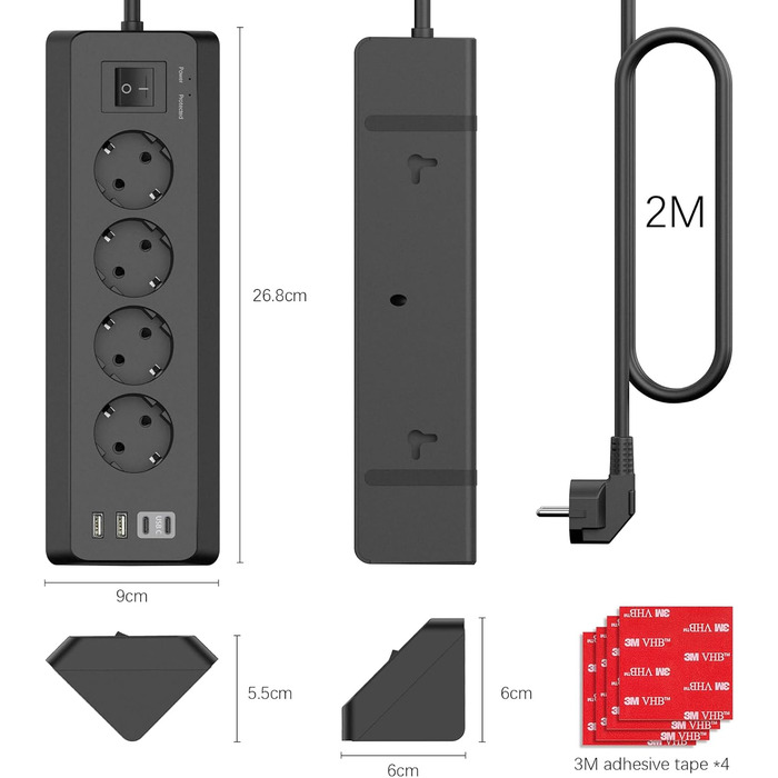 Кутова розетка з 2 USB і 2 Type-C, 4-х секційна розетка з вимикачем, захист від перенапруги з подовжувачем і кабелем 2M для кухні