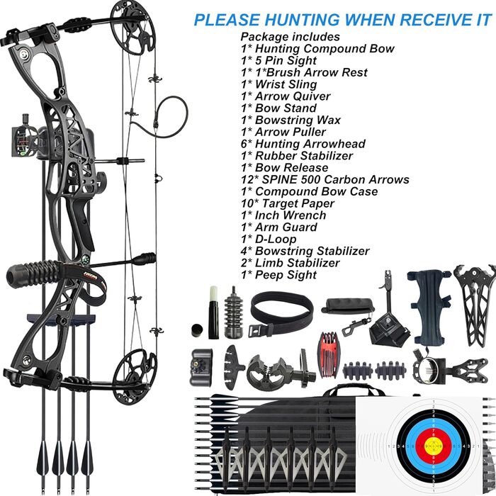 Набір складеного лука CENWTY для дорослих – регульований 0–70 lb, довжина натягу 18–30 дюймів, мисливський лук з повним комплектом аксесуарів