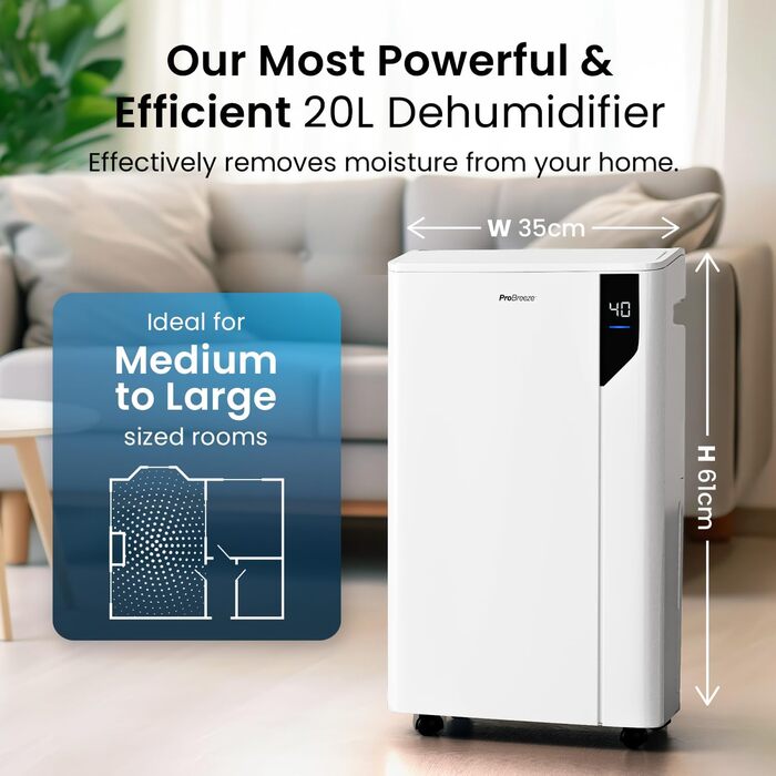 Осушувач повітря Pro Breeze 20 л за 24 години - електричний осушувач з режимом прання, датчиком вологості, повітряним фільтром, та
