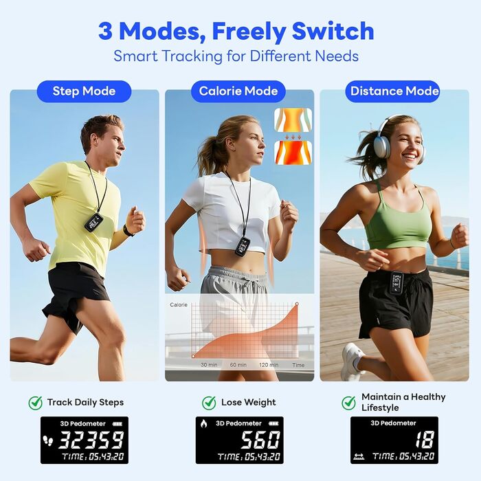 Крокомір із застібкою, крокомір без застосунку чи телефону, точний крокомір із шнурком, лічильник калорій, РК-дисплей, крокомір для ходьби, бігу, пробіжок, походів, 3D