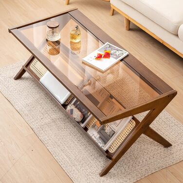 Скляний журнальний столик, 120 x 56 x 44 см, сучасний прямокутний журнальний столик, що підходить для вітальні, квартири та тераси, темний горіх