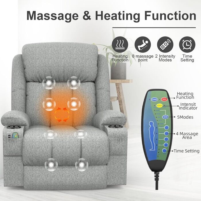 Електричне крісло-реклайнер/масажне крісло для телевізора з функцією відкидання спинки, підйомником, функцією масажу, підігрівом, підставкою для ніг, підстаканником, 4 бічними кишенями, портами типу C та USB, шкіряне крісло, сірий колір