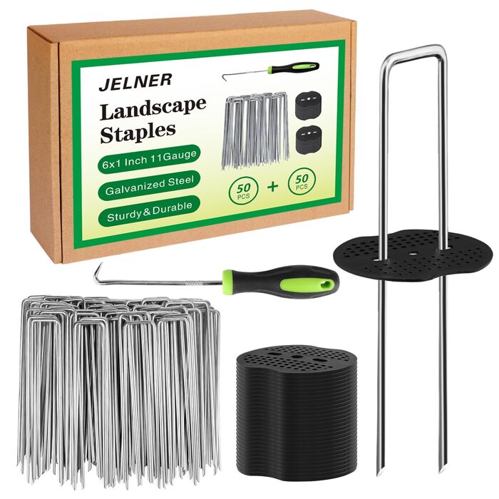 Набір ландшафтних стайней, 6-дюймові 11-каліброві 50 шт. оцинковані садові скоби та 50 шт. прокладок 1 гачок для вибору, U-подібні кілки для намету, ландшафтні тканинні штифти SOD для тканинного бар&39єру від бур&39янів, ґрунтового покриття, огорожі