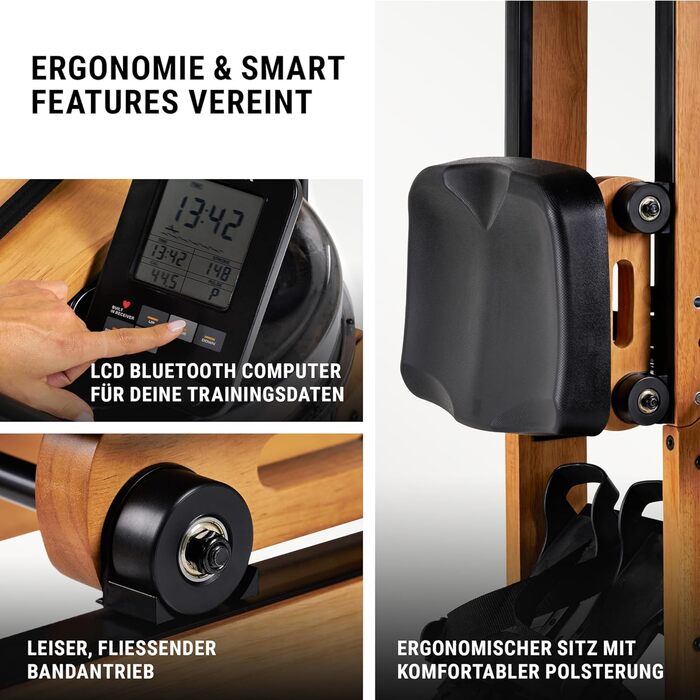 Водний гребний тренажер HAMMER AquaFold - складний гребний тренажер для домашнього використання, виготовлений з натурального дерева з колесами, гребний тренажер з Bluetooth, тренувальний комп&39ютер