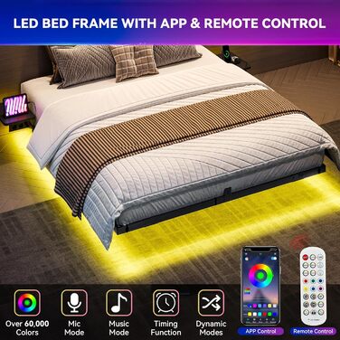 Каркас ліжка YITAHOME зі світлодіодним освітленням, зарядною станцією USB, інтерфейсом Type-C, плаваючим дизайном, металевим каркасом, тканинним чохлом (матрац не входить до комплекту), 180x200 см, чорний