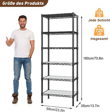 Полиця для зберігання, металева полиця - з 6 полицями, окремостояча кухонна полиця з регульованими по висоті полицями та ніжками (35,5 Г x 60 Ш x 180 В см)