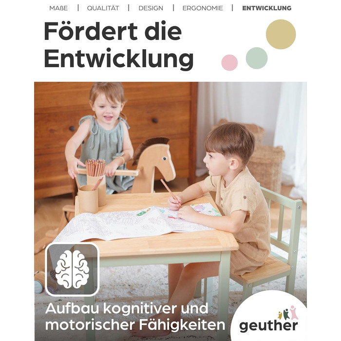 Дитячий комплект сидіння Geuther ACTIVITY Дитячий стіл з 2 стільцями, дерев&39яний Ігровий стіл для дітей віком від 1 року Комплект дитячого столу та стільців для дитячих кімнат Стіл для рукоділля та малювання для дітей Міцні меблі для дитячої кімнати, зе