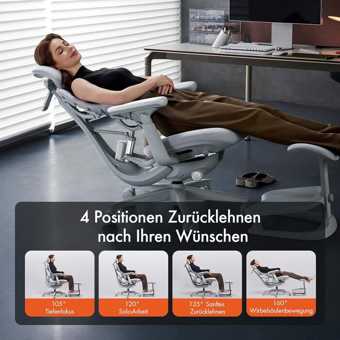 Ергономічне офісне крісло LiberNovo з підставкою для ніг регульоване, адаптивна поперекова підтримка, кут нахилу 160, інтегрована система розтяжки хребта, чорне, глибина сидіння 48 см, колір Північний чорний, крісло 48 см підставка для ніг