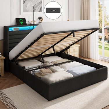 Ліжко FEONASE 140x200 з місцем для зберігання, М&39яке ліжко 140x200 см зі світлодіодним освітленням та зарядною станцією, Каркас ліжка з гідравлічним та лляним узголів&39ям, місцем для зберігання, Рейкова основа, Матрац не входить до комплекту, Темно-сір