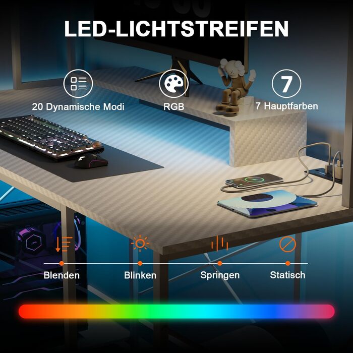 Ігровий стіл Devoko зі світлодіодним підсвічуванням, письмовий стіл DIY на кілочках з USB-портом і розеткою, комп'ютерний стіл 120
