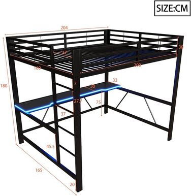 Каркас ігрового ліжка-горища з письмовим столом та світлодіодним підсвічуванням, USB-станція для зарядки, металевий каркас 160x200 см, чорний