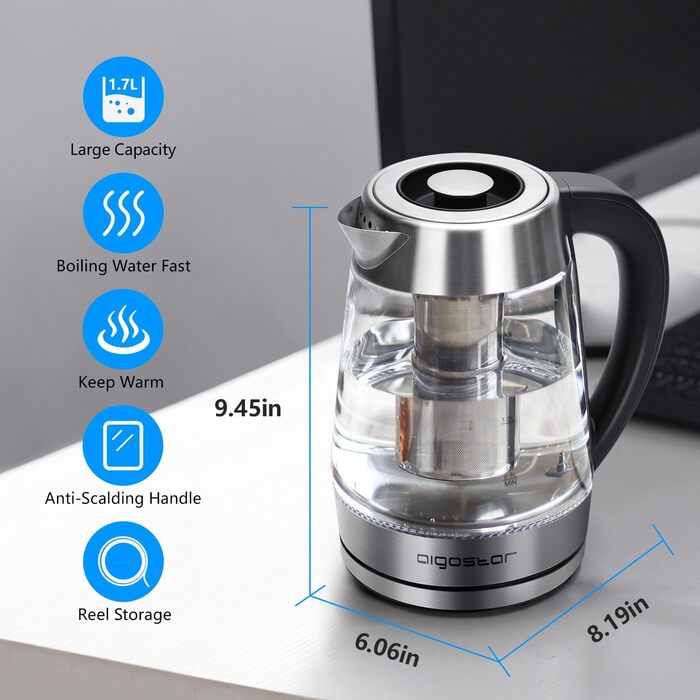 Скляний чайник Aigostar з регулюванням температури 1,7 л, чайник 2-в-1 з ситечком з нержавіючої сталі, вибір температури 60-100C,