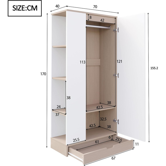 Шафа Soweiz, одностулковий дизайн, мінімалістичний стиль, міцна та стійка, з полицями та шухлядами, 70x40x170 см (біла)