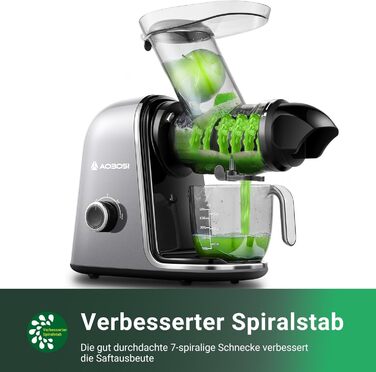 НовинкаСоковижималка AOBOSI-Повільна соковижималка з 2 швидкостями - Соковижималка для овочів і фруктів з 8 рівнями, шнекова соковижималка зі щіткою для чищення та 2 чашки соковижималки для фруктів з функцією реверсу 40 x 17 x 37 (CM) Сірий