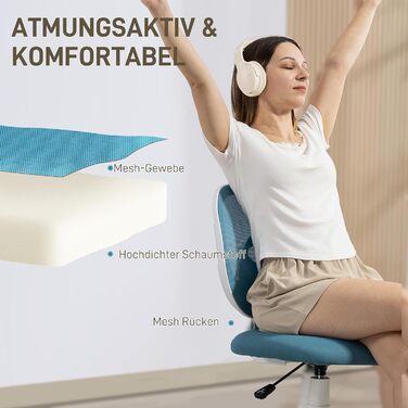 Офісний стілець HOMCOM Ергономічне робоче крісло з С-подібною спинкою, регульоване по висоті без підлокітників, м&39яке комп&39ютерне крісло, синій