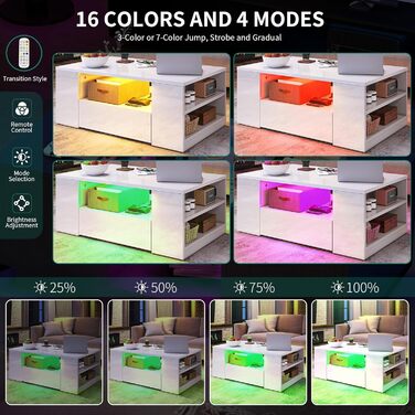 Білий журнальний столик YITAHOME, глянцевий стіл для вітальні з 16-кольоровим світлодіодним підсвічуванням, сучасний бічний столик з відкритою полицею та 2 висувними шухлядами, 95 x 55 x 37 см