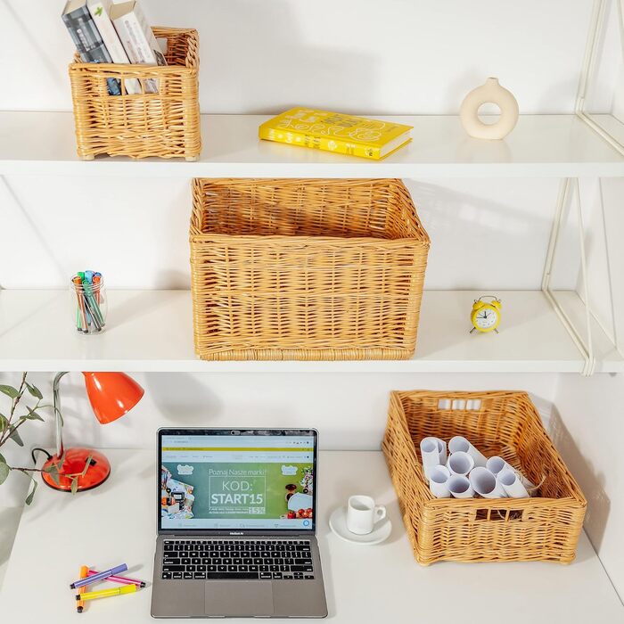 Великий плетений кошик для зберігання Creative Home 40 x 30 x 24 см (/- 2 см) Ручне плетення, міцний Плетений кошик з натуральних матеріалів з ручками Для полиць, іграшок, інструментів, ванної кімнати 40 x 30 x 24 см Коричневий 1