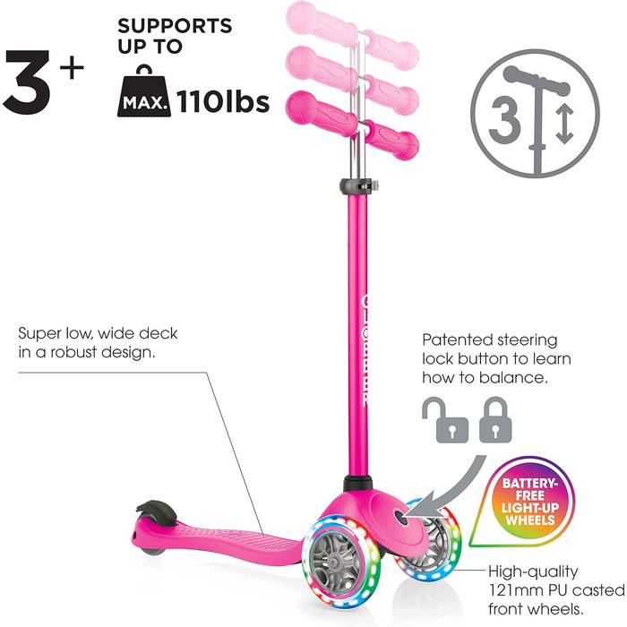 Самокат дитячий, 120/80 мм, ABEC 5, 3 колеса, регульований по висоті, світлодіодні колеса, неоновий рожевий
