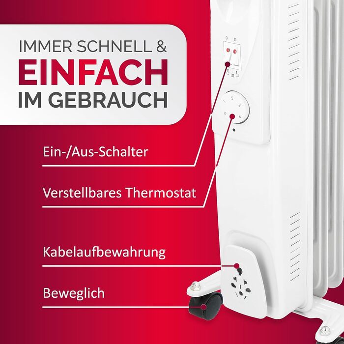 Масляний радіатор Alpina 1500 Вт Електричний обігрівач з термостатом Електричний радіатор опалення Портативний електричний радіатор на колесах Компактний електричний підставний обігрівач із захистом від перегріву Білий