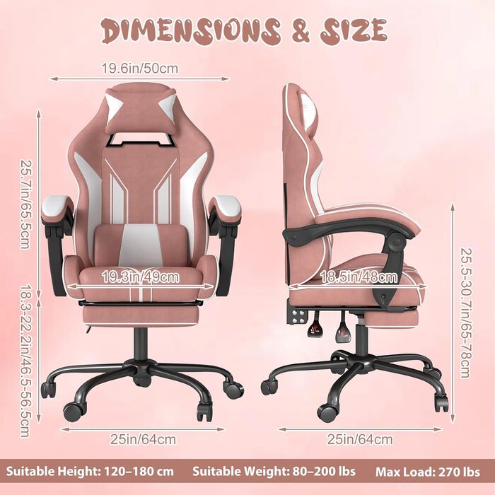 Геймерське крісло з підставкою для ніг, ергономічний дизайн з підголівником та поперековою опорою - офісне крісло з високоякісної технічної тканини та вантажопідйомністю 130 кг для кіберспорту/домашнього офісу/ігор, рожеве