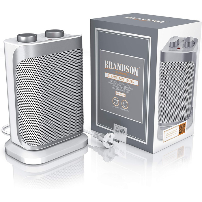 Енергозберігаючий, тихий вентилятор-обігрівач - 1500 Вт - 2 рівні потужності - Вентилятор-обігрівач для ванної кімнати - Плавне регулювання температури - Керамічний нагрівальний елемент - Термічний запобіжник - Нагрівач D Сріблястий / Білий