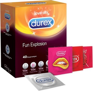 Презервативи Durex Fun Explosion, гумові різні різновиди для захоплюючого різноманіття - Контрацепція, яка приносить задоволення 40 упаковок (1 x 40 шт. ), чорні