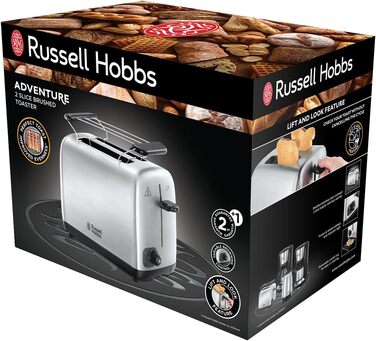 Тостер Russell Hobbs на 2 скибочки Adventure з нержавіючої сталі (надширокі слоти для тостів, в т.ч. підставка для булочок, 6 рівн