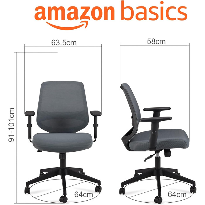 Ергономічне офісне крісло Storeo Basics, стілець для роботи з регульованими підлокітниками, поперекова підтримка, крісло керівника з сітчастої тканини, захисне для спини, легке складання, 63,5 x 58,4 x 91,4 см, сірий, без підголівника, сірий