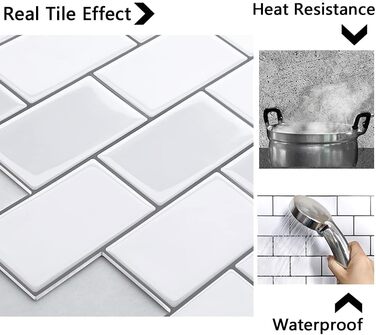 Товстіші 3D наклейки на плитку Наклейки для ванної кімнати, кухні, клейка плитка, вінілова плитка, самоклеюча плитка, біла плитка ПВХ, плитка метро, декор самоклеючої плитки 10 аркушів 10 білих