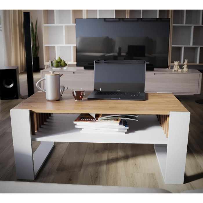 Журнальний столик для дивана Невеликий журнальний столик з білого дуба з місцем для зберігання Сучасний журнальний столик з рейками Журнальний столик Невеликий столик Журнальний столик 92 см Міцний журнальний столик, білий дуб