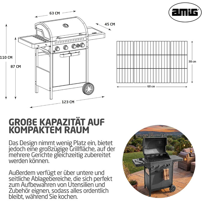 Газовий гриль Amig IGNIS 41 (4 пальники 1 бічний) 123 x 55 x 110 см площа гриля 60 x 38 см з термометром, бічними полицями, колесами та чавунною решіткою чорний
