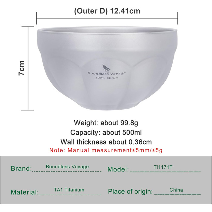 Титанова миска Boundless Voyage з подвійними стінками, для активного відпочинку, кемпінгу, металева миска, надлегка, портативна миска для вівсянки, рису, супу, йогурту, салату (500 мл - Ti1171t) 500 мл - Ti1171t