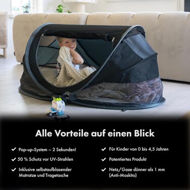 Дитяче ліжечко Deryan з матрацом від народження до 2,5 років - висувне дитяче ліжечко-намет, яке встановлюється за 2 хвилини - включає москітну сітку та дорожню сумку - 136x84x62 см (чорний), PL Black Peuter Luxe Black