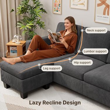 Г-подібний 3-місний кутовий диван Xbro з висувною підставкою для ніг, невеликий кутовий диван з м&39якої вельветової тканини, 188 136,5 89 см, темно-сірий/чорний