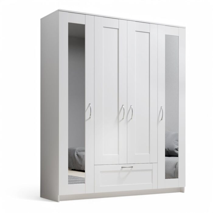 Шафа з дзеркальними дверима білого кольору - Універсальна 4-дверна шафа для вашої спальні - 156 x 191 x 50 см (Ш/В/Г)