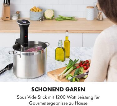 Плита Klarstein Sous Vide, ефективна паличка Sous Vide, плита Sous Vide, 1200 Вт, 20-95C, таймер, керування програмою, сенсорний дисплей, 3D-циркуляція, 10-15 літрів, нержавіюча сталь, чорний